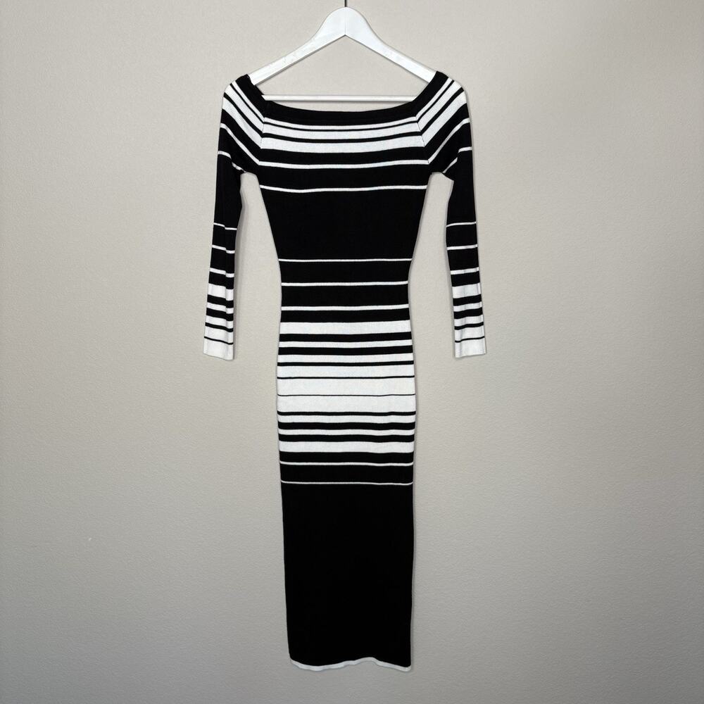 Women’s Off Shoulder Bodycon Sweater Dress Black White Stripe Long Sleeve M
